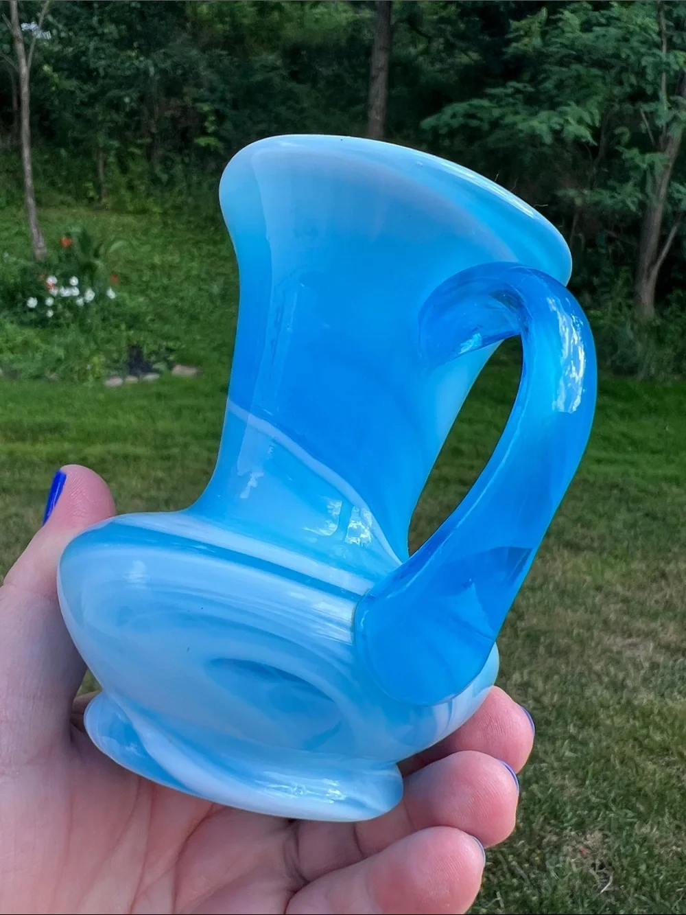 Vintage Rainbow Glass Blue Slag Glass Milk Pitcher Brush Cup Hand Blown in USA